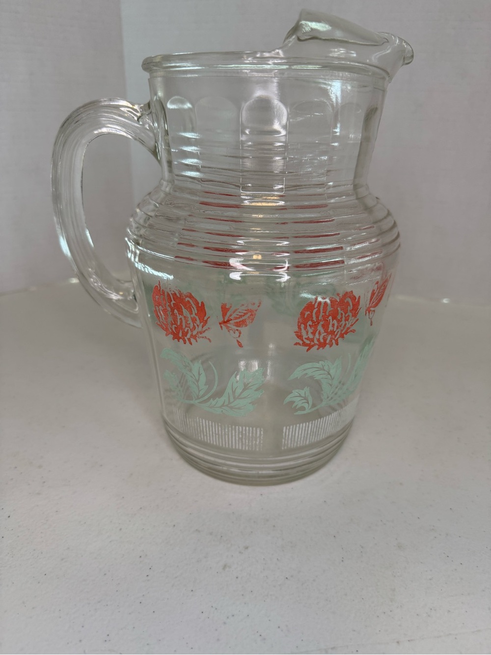 VTG Hazel Atlas Glass Pitcher with Ice Lip Red chrysanthemum And Butterfly